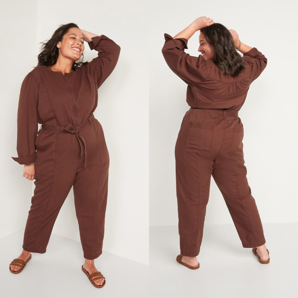 OLD NAVY Cropped Utility Jumpsuit Size 4X Long-Sleeve Zip Brown MISSING BELT NEW